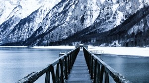 bridge, pier, snow, mountains, lake