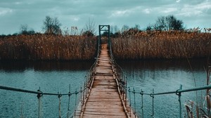 bridge, suspension, river, shore, cable car, wooden