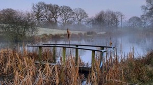 bridge, pond, haze, morning