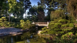 bridge, vegetation, trees, green, pond, pebbles