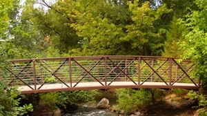 bridge, stream, trees, forest, iron