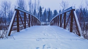 bridge, snow, tracks, winter