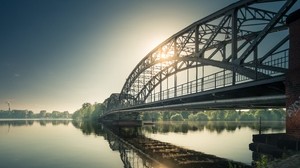bridge, sun, morning, water, reflection