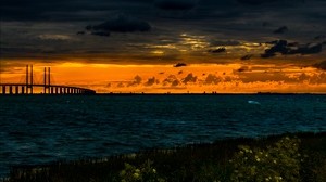 bridge, body of water, sunset, clouds