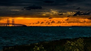 brücke, gewässer, sonnenuntergang, wolken