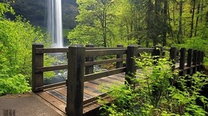 bridge, waterfall, nature, grass
