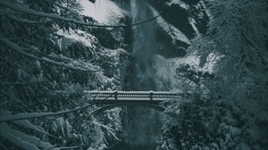 bridge, waterfall, snow, trees, winter