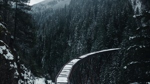 bridge, railway, snow, trees, mountains, snowy - wallpapers, picture