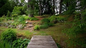 bridge, wooden, garden, vegetation, greens - wallpapers, picture