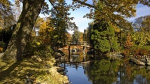 bridge, arc, pond, trees, shore, stones, shadows