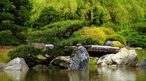 the bridge, stones, trees, the pond, log, greens, summer, surface