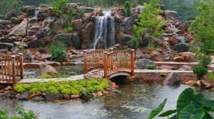 bridge, waterfall, garden, rain, track