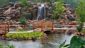 puente, cascada, jardín, lluvia, pista