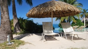 canopy, deck chair, chairs, tropics, palm trees, sand, white, rest, resort - wallpapers, picture