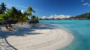 awnings, deckchairs, chairs, tropics, palm trees, sand, white, rest, resort, bora bora, light blue - wallpapers, picture