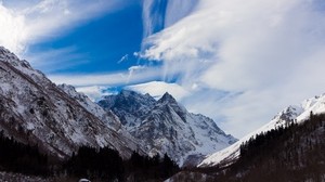 sky, blue, clouds, light, mountains, greatness, snowy, peaks, contrast - wallpapers, picture