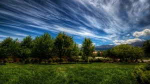 cielo, líneas, nubes, árboles, hierba