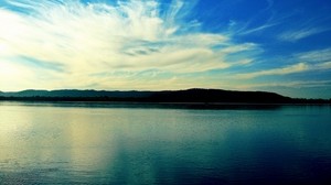 cielo, mar, montañas, nubes, ondas, colores, pinturas, azul claro, luz