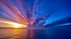 sky, sea, clouds, sunset, orange, colors, ripples, stripes