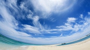 sky, clouds, beach, bay, ship, viewing angle, optical illusion - wallpapers, picture