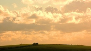sky, clouds, tractor, field, village
