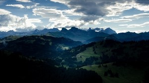sky, clouds, height, mountains, forests, clearance, from above, darkness