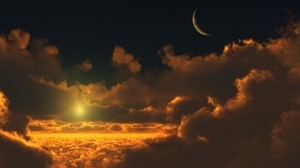 sky, clouds, height, moon, glow