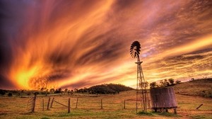 cielo, tarde, molino, transformador, corriente, campo, nubes