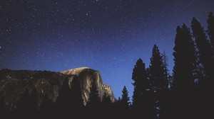 night, trees, mountains, stars, forest
