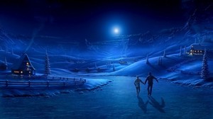 night, ice, couple, light, moon, ice rink, art, house, smoke - wallpapers, picture