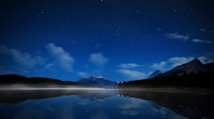 night, lake, stars, water surface, fog - wallpapers, picture