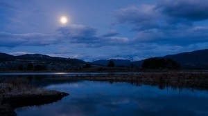 夜、川、湖、山、空