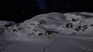 night, snow, mountains, traces, winter