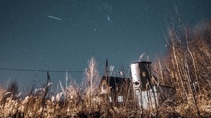 night, starry sky, bushes, buildings, abandoned, countryside - wallpapers, picture