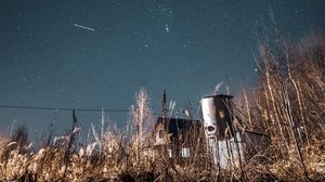 noche, cielo estrellado, arbustos, edificios, abandonado, campo