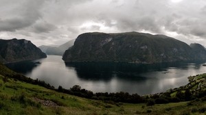 norway, aurlandfjord, river, grass, mountains - wallpapers, picture