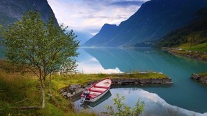norway, boat, mountains, blue water, lake, shore, stones, grass - wallpapers, picture