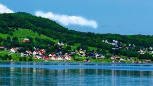 norwegen, bucht, häuser, berge