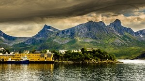 norwegen, bucht, fjord, pier, berge, hdr