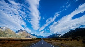 new zealand, road, route, highway, mountains, blue, blue, sky, clouds - wallpapers, picture