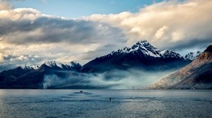 new zealand, sea, mountains, sky, clouds