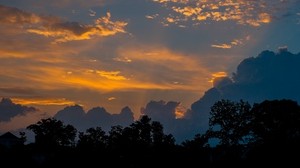 clouds, trees, silhouettes, sunset, landscape