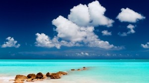 clouds, lagoon, bay, stones, blue water, sky - wallpapers, picture
