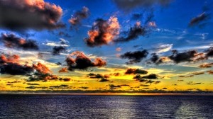 clouds, sea, sky, evening, shadows, yellow, blue, colors