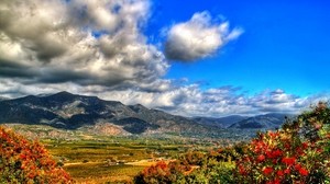 clouds, sky, mountains, flowers, paints, vegetation, grass - wallpapers, picture
