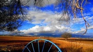 clouds, sky, field, wheel, iron