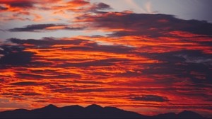 clouds, sky, sunset, red, porous, mountains, fiery