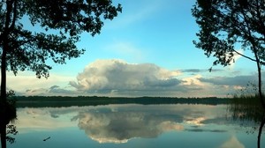clouds, volumetric, trees, reflection, pond