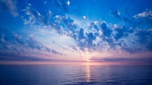 clouds, the sun, sky, aerial, shades, sea, calm, evening, horizon - wallpapers, picture