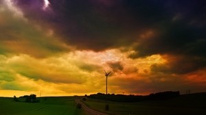 wolken, schwer, mühle, wiesen, bewölkt, abend, wolken, schlechtes wetter